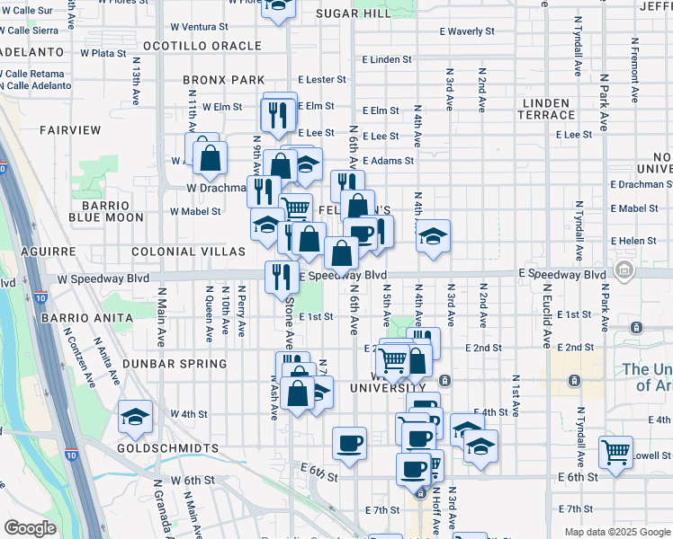 map of restaurants, bars, coffee shops, grocery stores, and more near 110 East Helen Street in Tucson