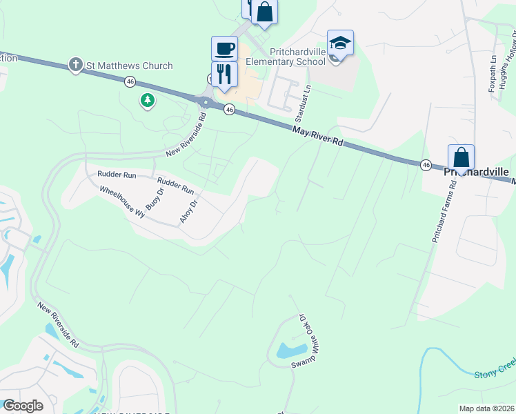 map of restaurants, bars, coffee shops, grocery stores, and more near 70 Meadow Drive in Bluffton