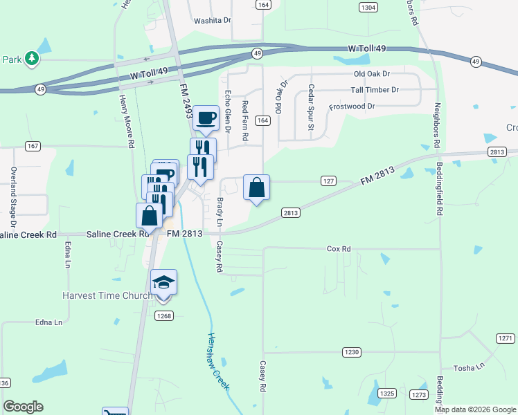 map of restaurants, bars, coffee shops, grocery stores, and more near 10534 Farm to Market Road 2813 in Flint