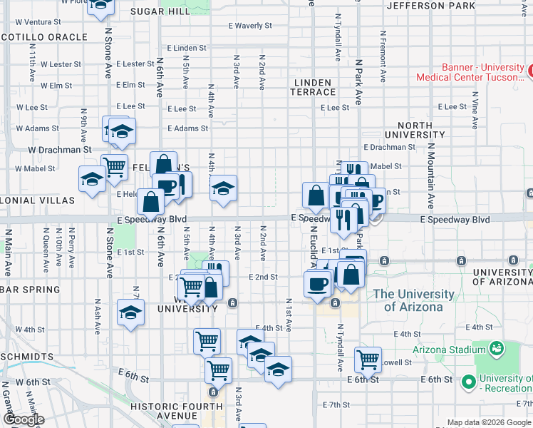 map of restaurants, bars, coffee shops, grocery stores, and more near 603 East Speedway Boulevard in Tucson