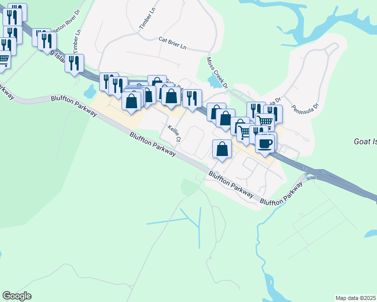 map of restaurants, bars, coffee shops, grocery stores, and more near 31 Edgewater Circle in Bluffton