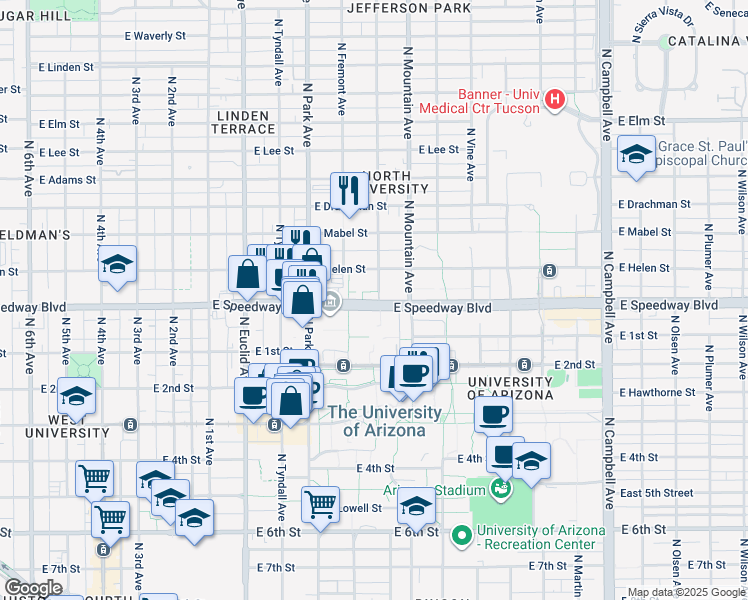 map of restaurants, bars, coffee shops, grocery stores, and more near in Tucson