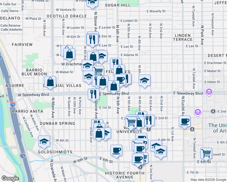 map of restaurants, bars, coffee shops, grocery stores, and more near 1133 North Ferro Avenue in Tucson