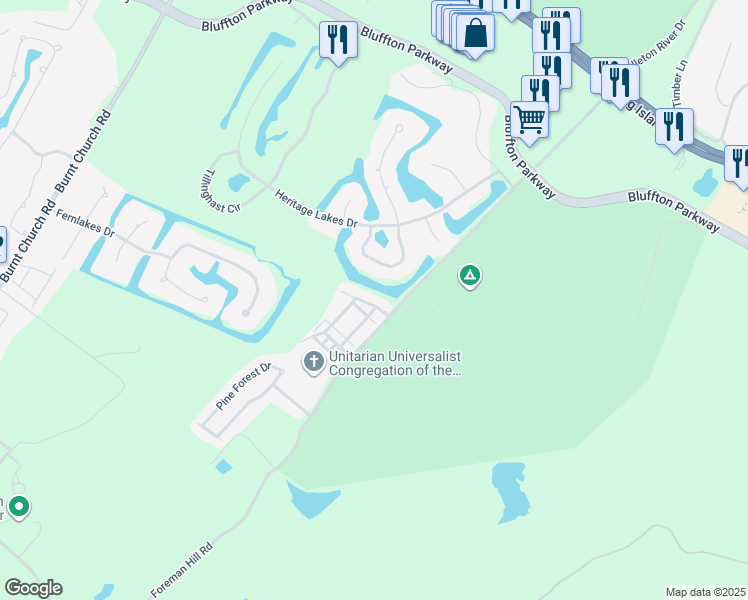 map of restaurants, bars, coffee shops, grocery stores, and more near 10 Essex Court in Bluffton