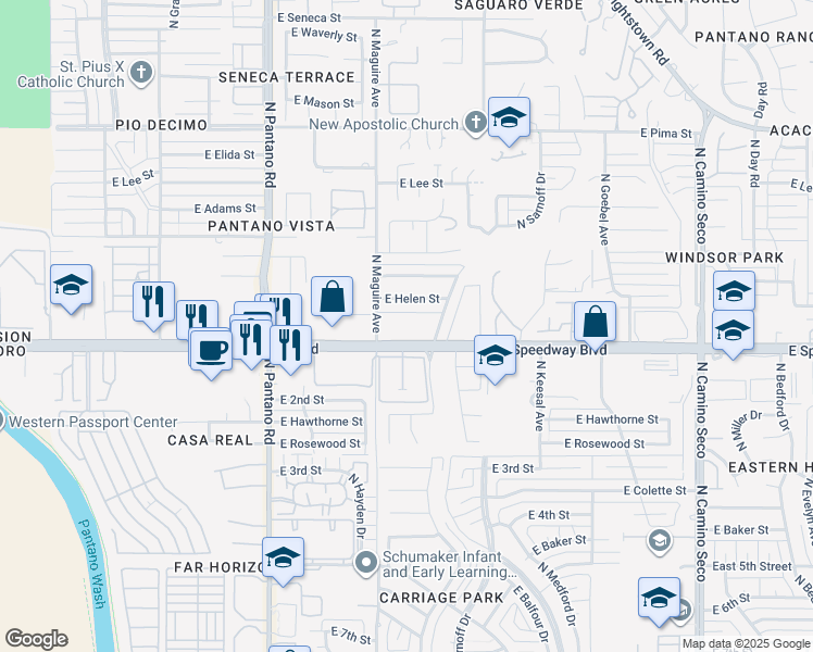 map of restaurants, bars, coffee shops, grocery stores, and more near 8151 East Speedway Boulevard in Tucson