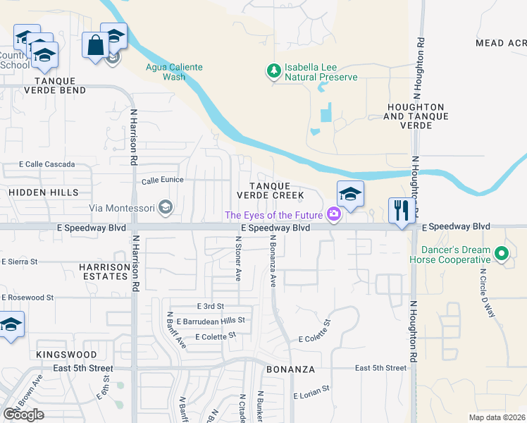 map of restaurants, bars, coffee shops, grocery stores, and more near 9855 East Speedway Boulevard in Tucson