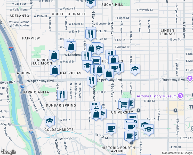 map of restaurants, bars, coffee shops, grocery stores, and more near in Tucson