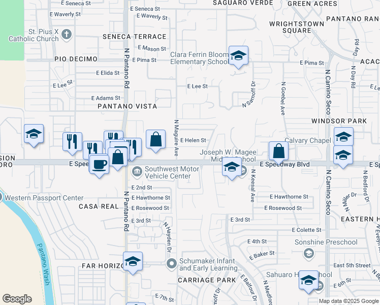 map of restaurants, bars, coffee shops, grocery stores, and more near 8151 East Speedway Boulevard in Tucson