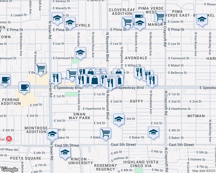 map of restaurants, bars, coffee shops, grocery stores, and more near E Speedway Blvd & N Rosemont Blvd in Tucson
