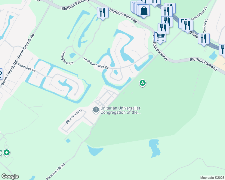 map of restaurants, bars, coffee shops, grocery stores, and more near 12 Essex Court in Bluffton