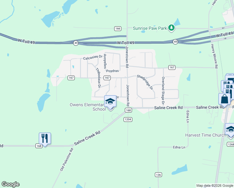 map of restaurants, bars, coffee shops, grocery stores, and more near 11810 Acadia Drive in Tyler
