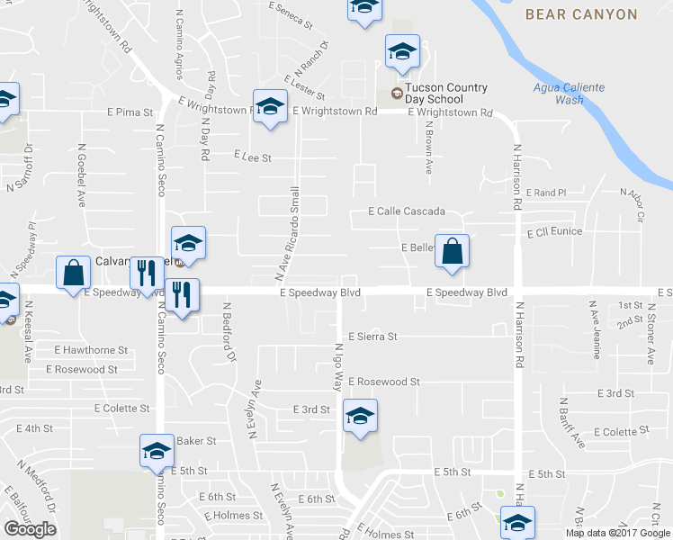 map of restaurants, bars, coffee shops, grocery stores, and more near 9054 East Bellevue Street in Tucson