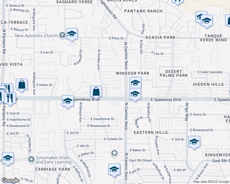 map of restaurants, bars, coffee shops, grocery stores, and more near 8642 East Helen Place in Tucson