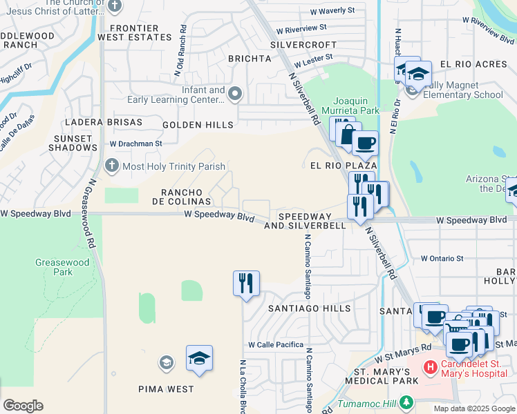 map of restaurants, bars, coffee shops, grocery stores, and more near 2080 West Speedway Boulevard in Tucson