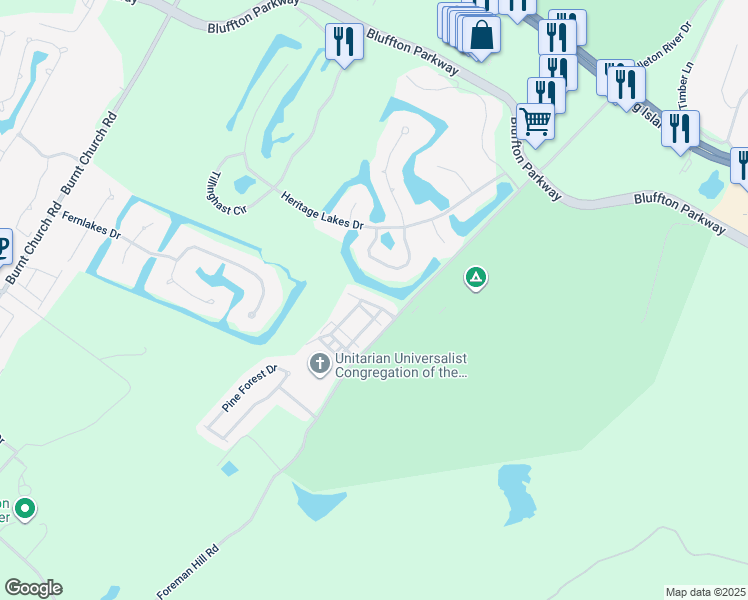 map of restaurants, bars, coffee shops, grocery stores, and more near 10 Essex Court in Bluffton