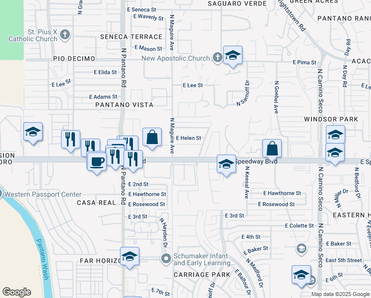 map of restaurants, bars, coffee shops, grocery stores, and more near 8151 East Speedway Boulevard in Tucson