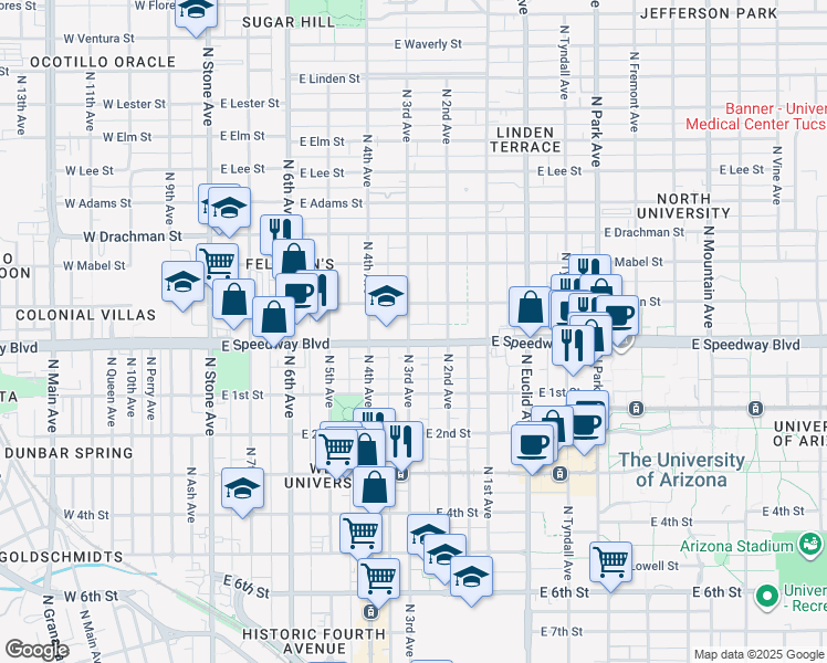 map of restaurants, bars, coffee shops, grocery stores, and more near 1122 North 3rd Avenue in Tucson