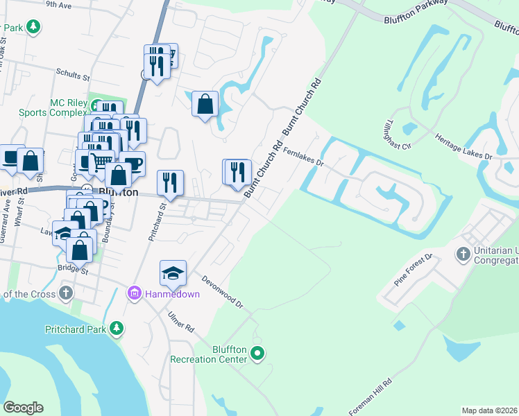 map of restaurants, bars, coffee shops, grocery stores, and more near 107 Benton Field Road in Bluffton