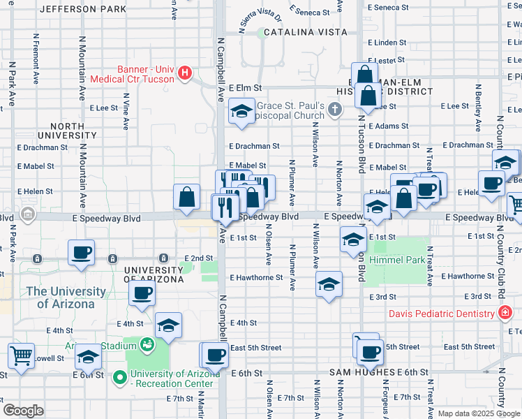 map of restaurants, bars, coffee shops, grocery stores, and more near 2033 East Speedway Boulevard in Tucson