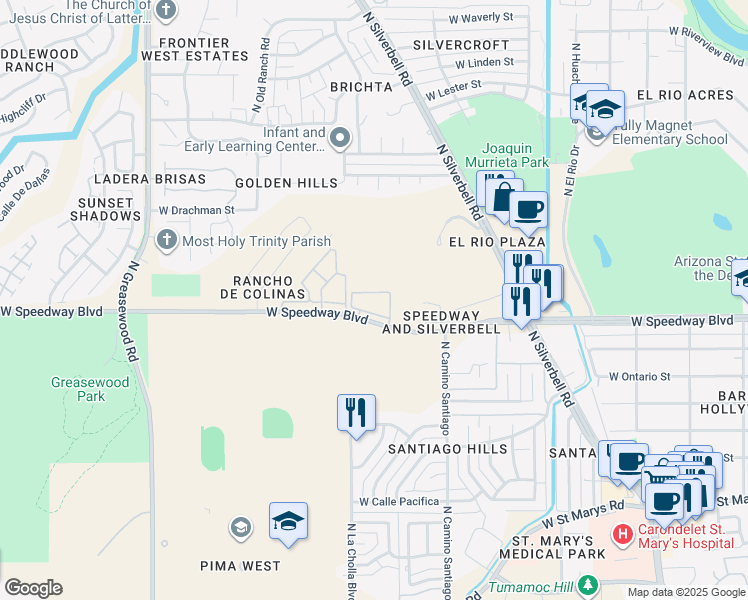 map of restaurants, bars, coffee shops, grocery stores, and more near 2080 West Speedway Boulevard in Tucson