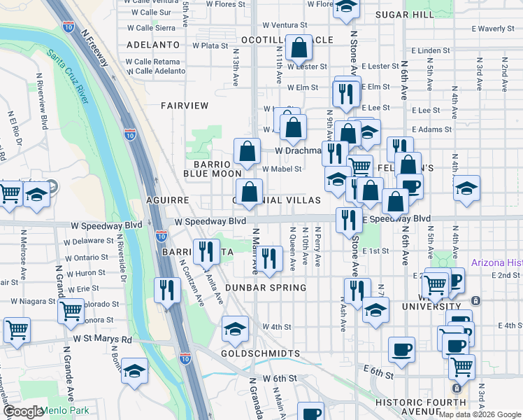 map of restaurants, bars, coffee shops, grocery stores, and more near 1102 North Main Avenue in Tucson