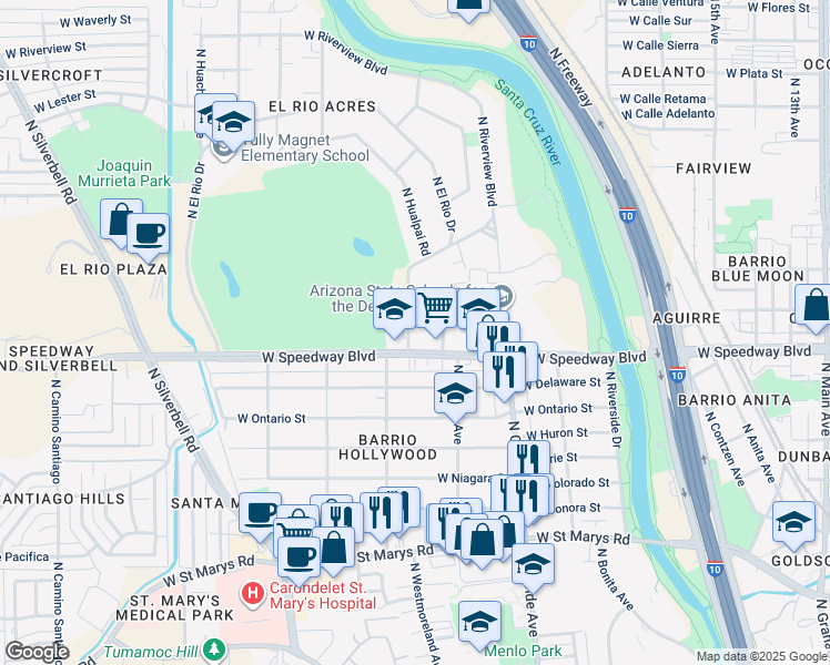 map of restaurants, bars, coffee shops, grocery stores, and more near 1126 North Riverview Boulevard in Tucson