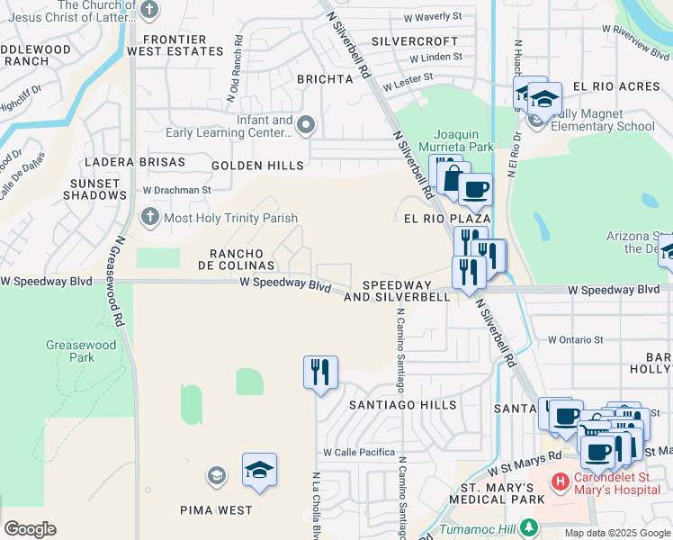 map of restaurants, bars, coffee shops, grocery stores, and more near 2080 West Speedway Boulevard in Tucson