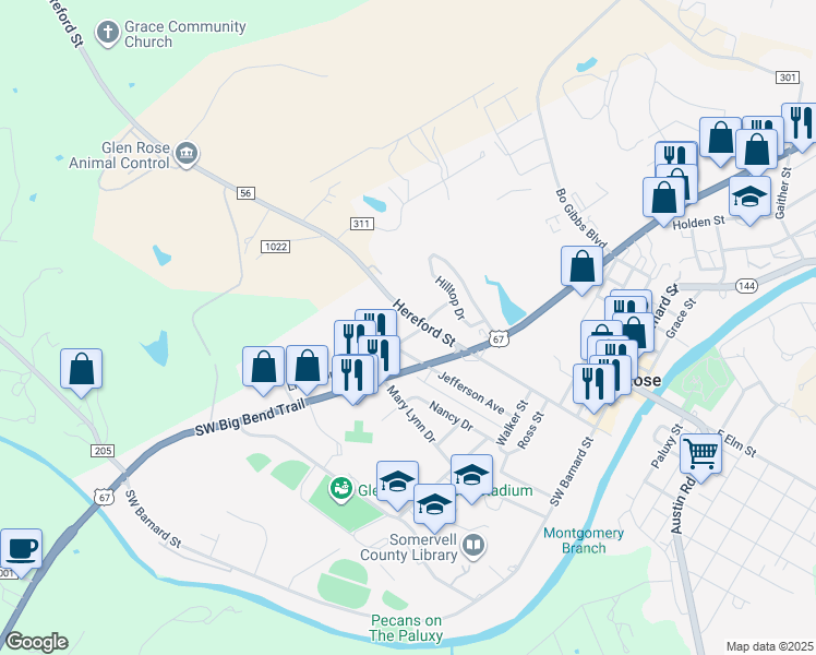 map of restaurants, bars, coffee shops, grocery stores, and more near 901 Hereford Street in Glen Rose