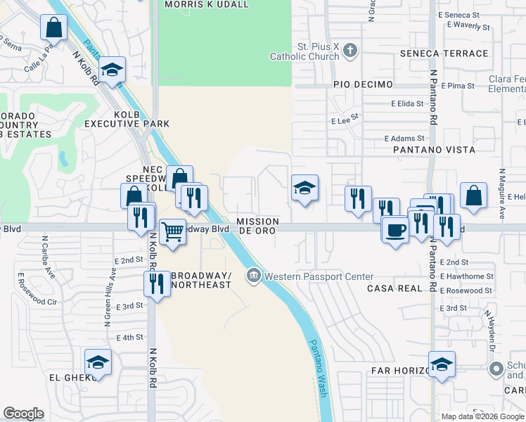 map of restaurants, bars, coffee shops, grocery stores, and more near 7401 East Speedway Boulevard in Tucson