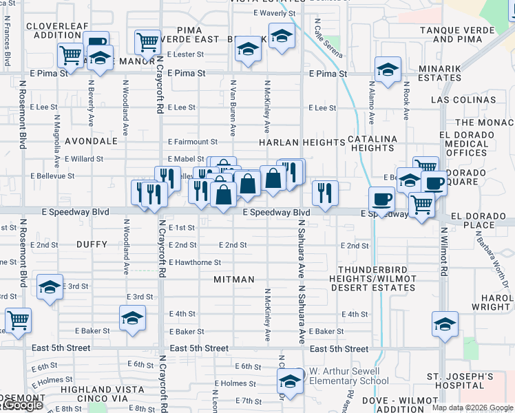 map of restaurants, bars, coffee shops, grocery stores, and more near 5751 East Speedway Boulevard in Tucson