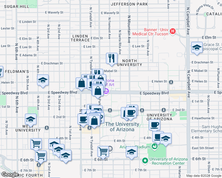 map of restaurants, bars, coffee shops, grocery stores, and more near 1128 North Fremont Avenue in Tucson
