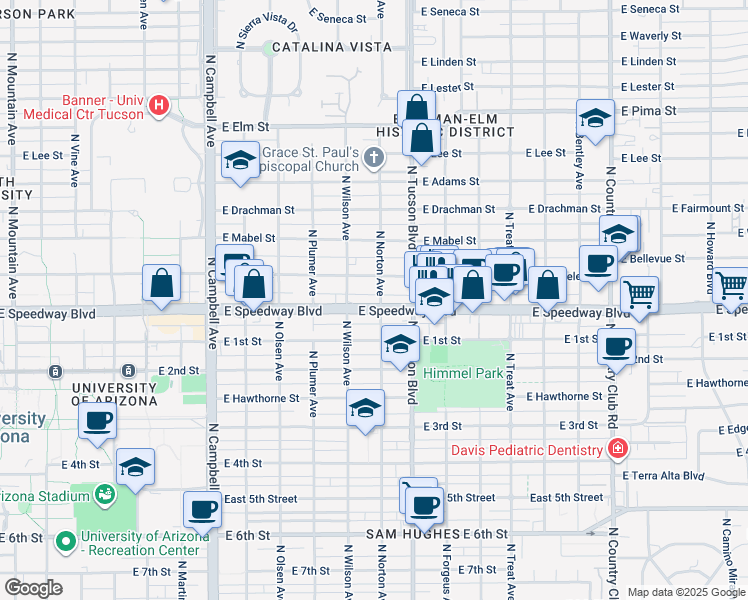 map of restaurants, bars, coffee shops, grocery stores, and more near 2339 E Speedway Blvd in Tucson