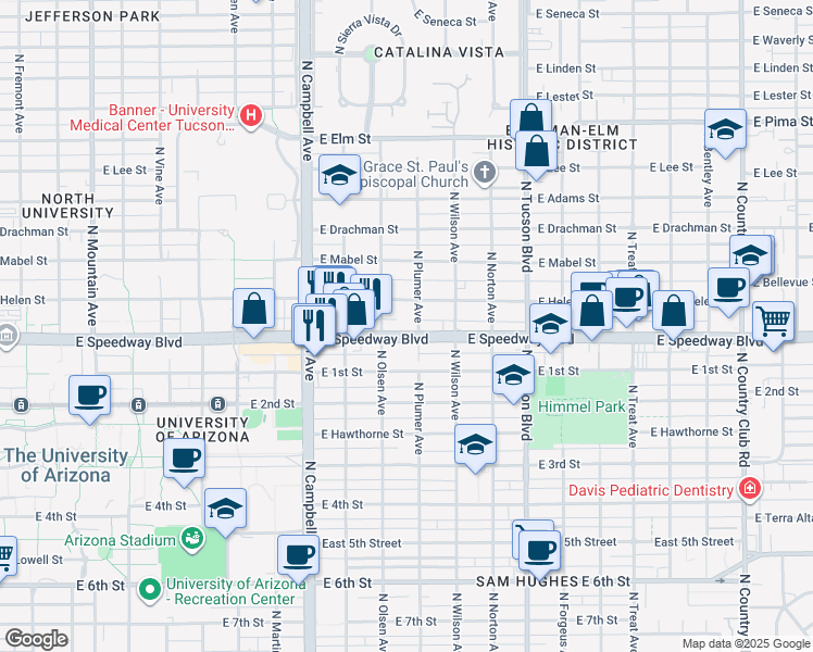 map of restaurants, bars, coffee shops, grocery stores, and more near 1123 North Plumer Avenue in Tucson