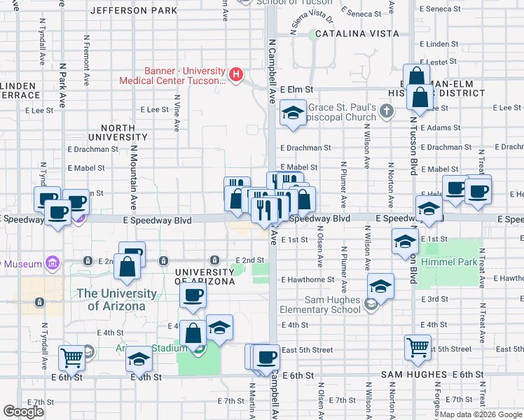 map of restaurants, bars, coffee shops, grocery stores, and more near 1815 East Speedway Boulevard in Tucson