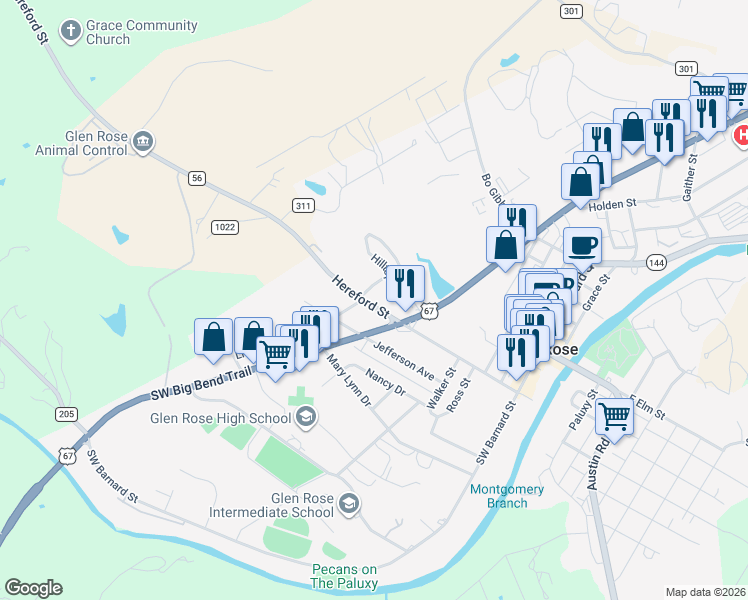 map of restaurants, bars, coffee shops, grocery stores, and more near 800 Hereford Street in Glen Rose