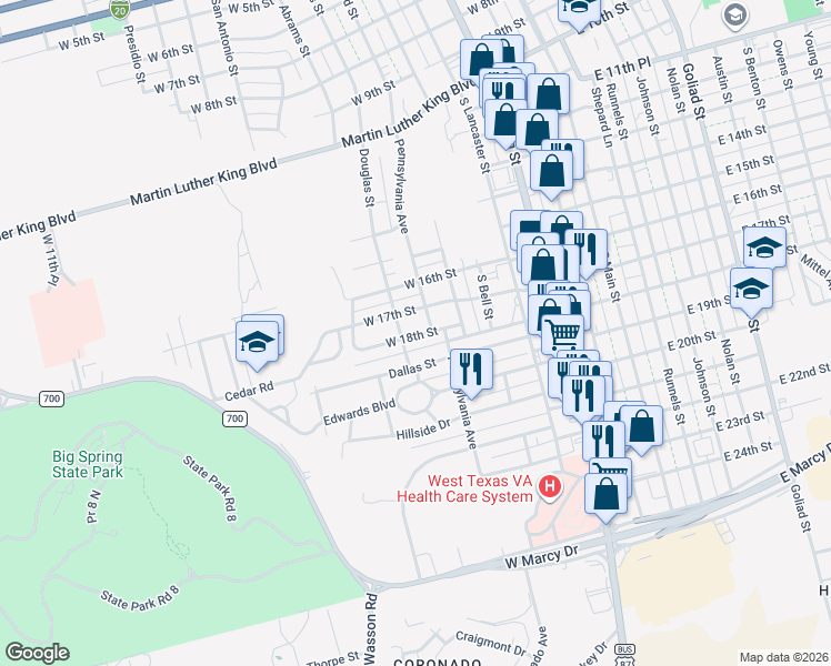 map of restaurants, bars, coffee shops, grocery stores, and more near 704 W 18th St in Big Spring
