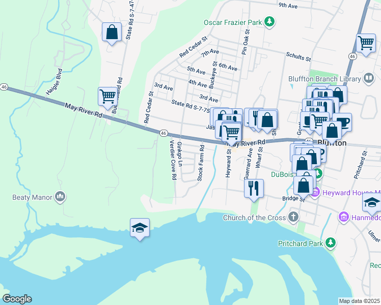 map of restaurants, bars, coffee shops, grocery stores, and more near Yaupon Road in Bluffton