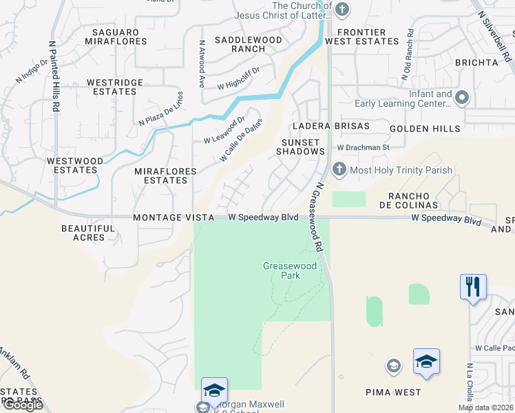 map of restaurants, bars, coffee shops, grocery stores, and more near 1131 North Saddlewood Ranch Drive in Tucson