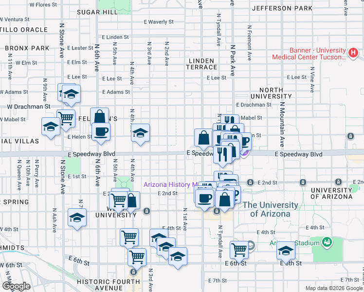 map of restaurants, bars, coffee shops, grocery stores, and more near 1121 North 1st Avenue in Tucson