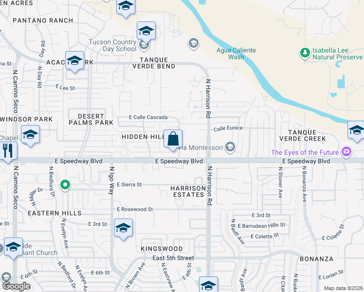 map of restaurants, bars, coffee shops, grocery stores, and more near 9411 East Speedway Boulevard in Tucson