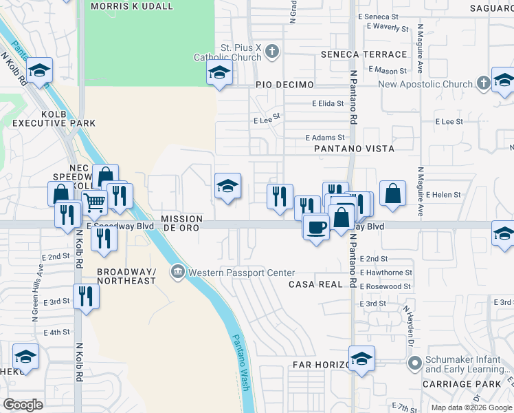 map of restaurants, bars, coffee shops, grocery stores, and more near 1 Fremming Avenue in Tucson