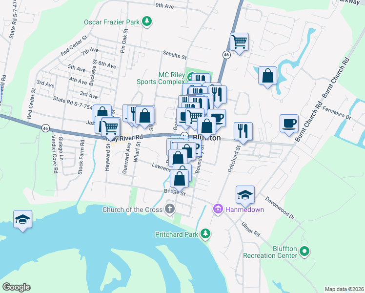 map of restaurants, bars, coffee shops, grocery stores, and more near 3A Calhoun Street in Bluffton