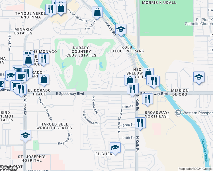 map of restaurants, bars, coffee shops, grocery stores, and more near 6893 East Camino Del Dorado in Tucson