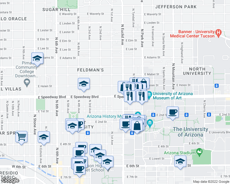 map of restaurants, bars, coffee shops, grocery stores, and more near 1122 North 1st Avenue in Tucson