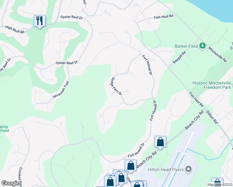 map of restaurants, bars, coffee shops, grocery stores, and more near 33 Sedge Fern Drive in Hilton Head Island