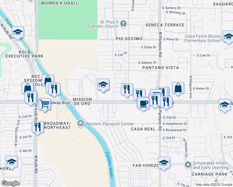 map of restaurants, bars, coffee shops, grocery stores, and more near 1 Fremming Avenue in Tucson