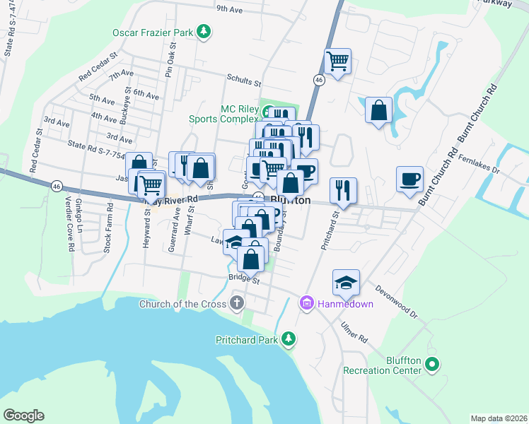 map of restaurants, bars, coffee shops, grocery stores, and more near 3A Calhoun Street in Bluffton