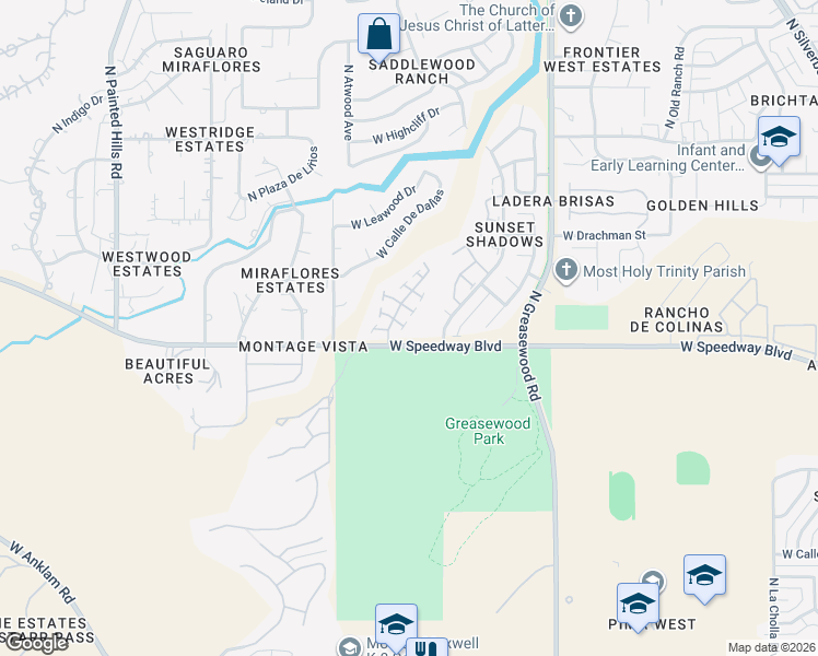 map of restaurants, bars, coffee shops, grocery stores, and more near 1131 North Saddlewood Ranch Drive in Tucson