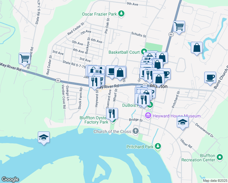 map of restaurants, bars, coffee shops, grocery stores, and more near 8 Wharf Street in Bluffton