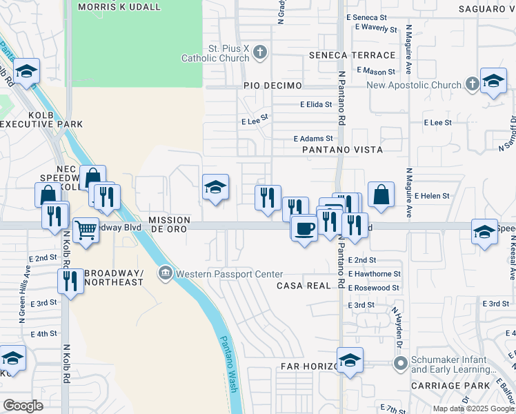 map of restaurants, bars, coffee shops, grocery stores, and more near 7640 East Helen Street in Tucson